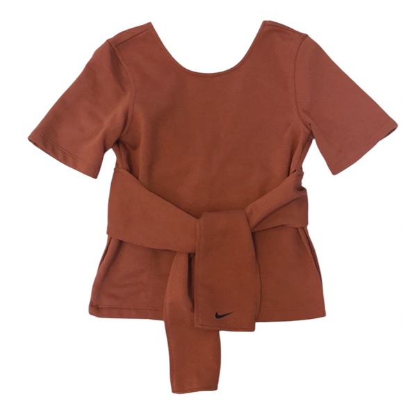 Nike Women's Dri-FIT Studio Short Sleeve Yoga Top, Dusty Peach Size XS, Wrap Tie - Picture 13 of 16